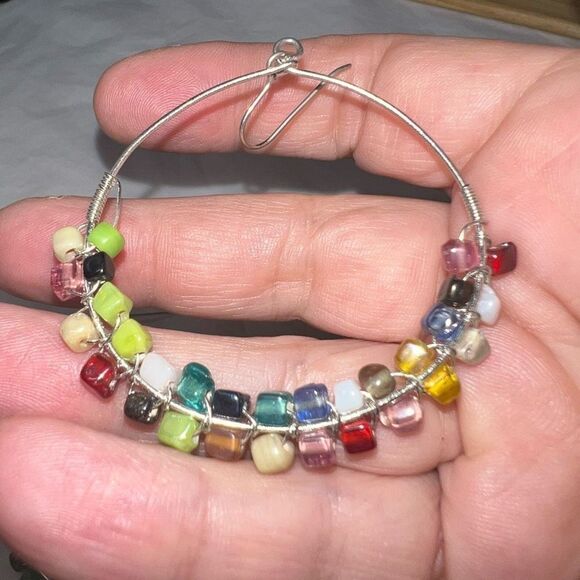 Boho Silver Tone Gemstone Chakra Dangle Hoop Earrings - Picture 9 of 9